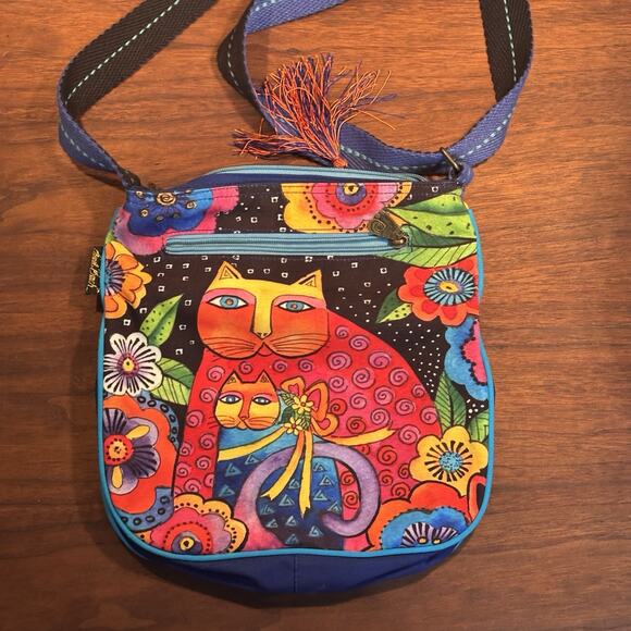 VTG Laurel Burch Canvas Bag Long Strap Fantastic Felines Artwork Cat Boho - Picture 1 of 4